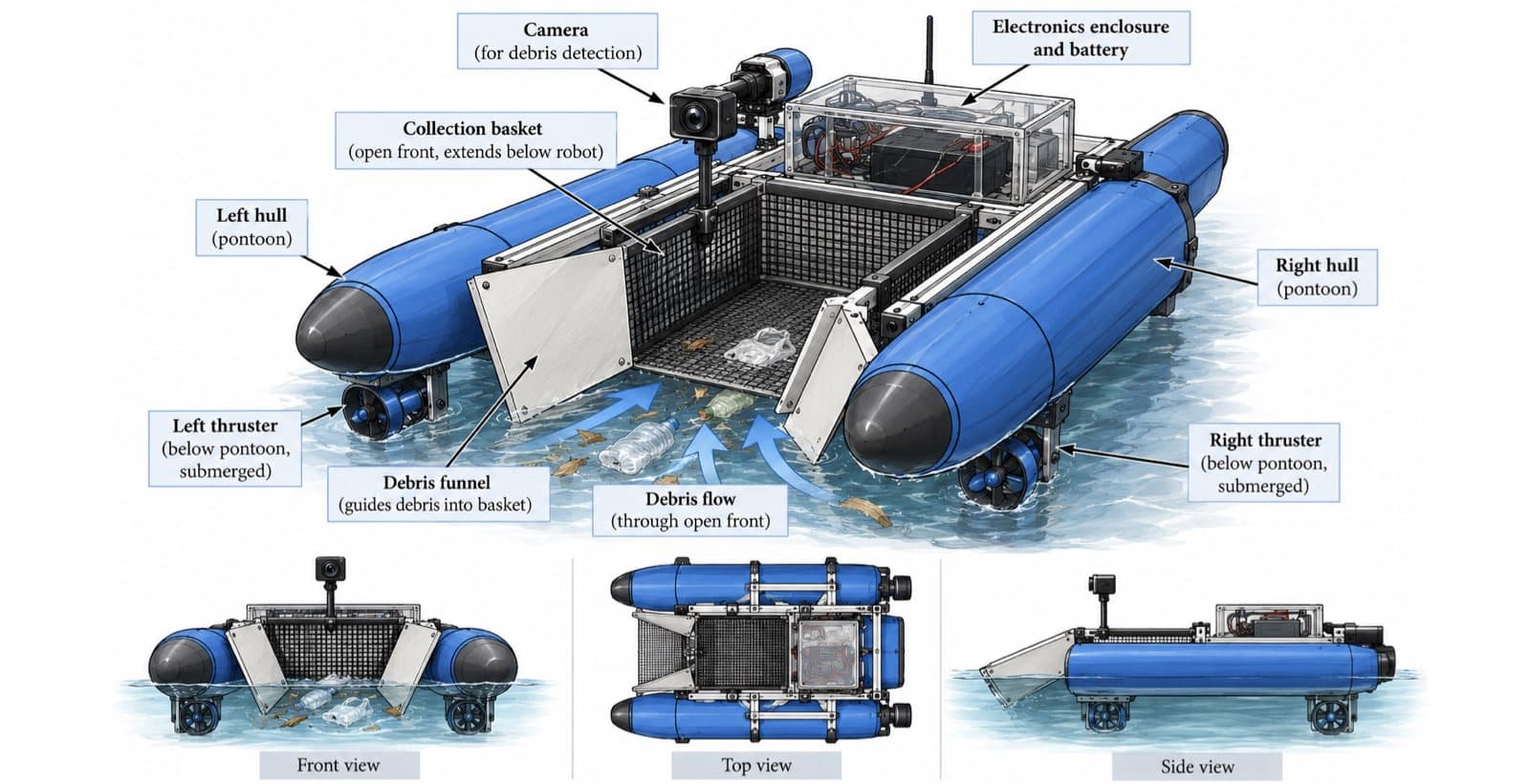 Mock-up of the autonomous debris-collection robot: twin pontoons, collection basket, debris funnel and camera, with front, top and side views